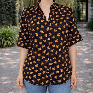 New York & Company Navy Top with Orange Bee Pattern